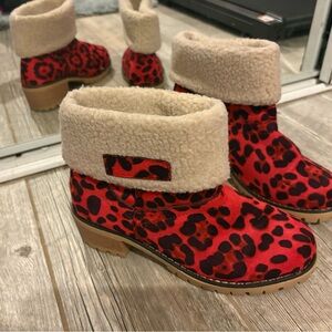 Scarlett Red Leopard Ankle Boots with Shearling Cuff